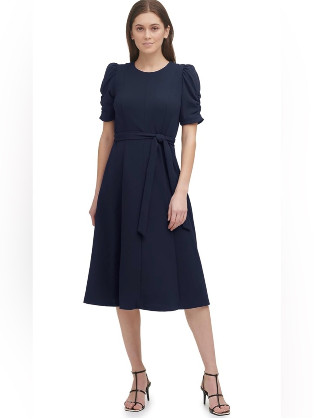 DKNY Navy Puff-Sleeve Tie-Waist Midi Dress